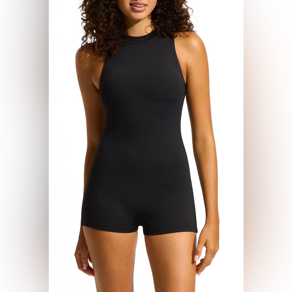 Seafolly Black High Neck Boyleg One-Piece Swimsuit
